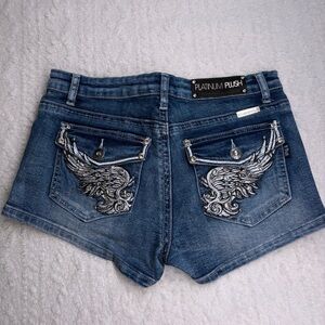 Rhinestone Angel Wing Platinum Plush Jean Shorts